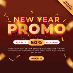 Festive New Year Promo with 50 Off and Golden 3D Text Effect
