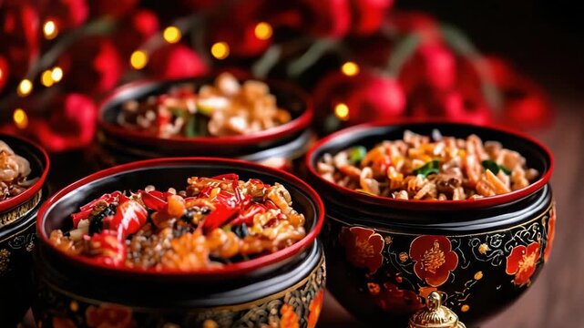 Festive mixed rice celebration with ornate bowl garnish warm lighting celebration