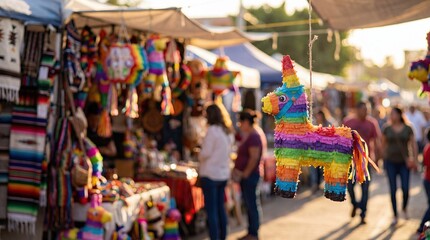 Obraz premium Vibrant Rainbow Donkey Piñata Hanging at a Lively Outdoor Market