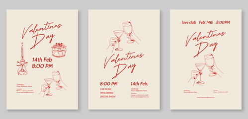 Invitations to a Valentine's Day party. Hand-drawn vector illustrations: hands holding wine glasses, romantic candles, and cakes. Space for text. Template for weddings and celebrations.