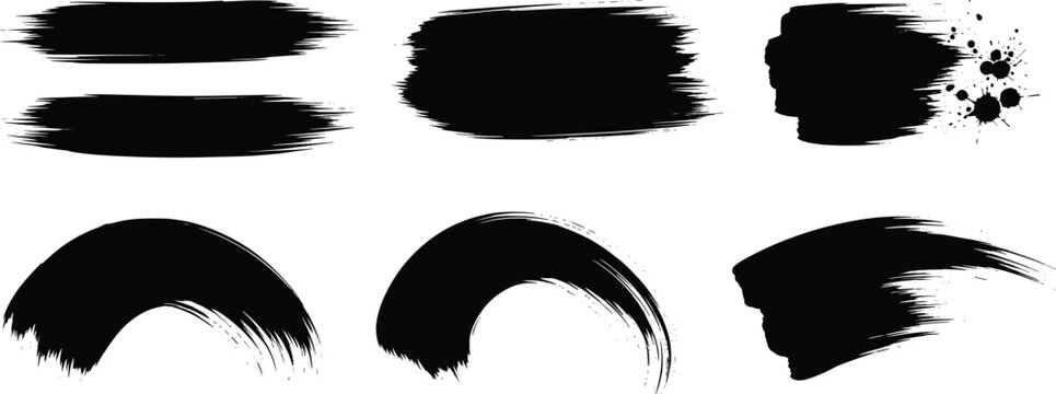 Black Ink Brush Stroke Vector Set Featuring Grunge Paint Smears, Rough Texture Swashes, and Artistic Brush Marks for Modern Design, Calligraphy, and Creative Background Projects
