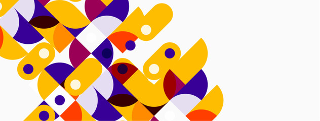 Abstract geometric shapes overlap, creating vibrant color patterns. Orange, purple, beige dominate composition. Modern design element.