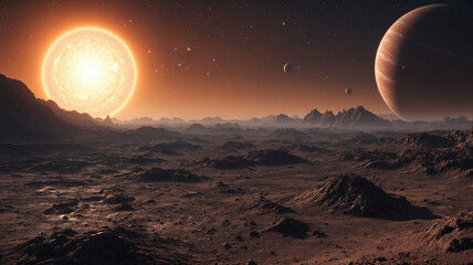 Alien planet landscape with a sun and gas giant in the sky