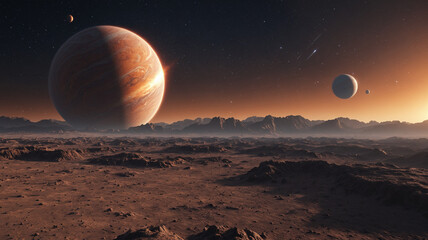 Alien planet landscape with a sun and gas giant in the sky
