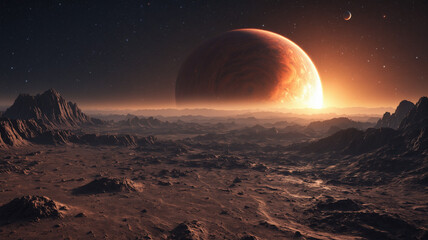 Alien planet landscape with a sun and gas giant in the sky