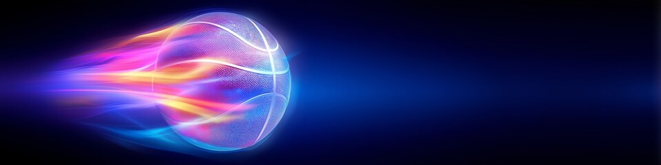 Basketball ball banner with dynamic colorful energetic light trails. Basketball wallpaper