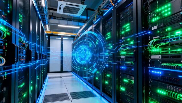 Modern data center with server racks. LED lights blinking, blue and green tech colors. Server farm, cloud computing infrastructure. Captures high-tech data storage and cloud technology.