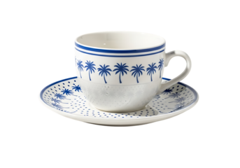 White ceramic coffee cup and saucer with blue palm tree design