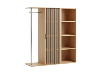 Modern wooden wardrobe with hanging rod and shelves