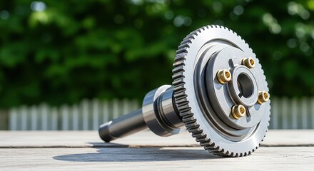 High-precision mechanical gear and shaft assembly resting on weathered wood outdoors.