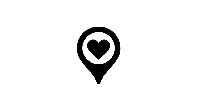 Motion graphic of a heart shaped map marker pointer for highlighting favorite destinations romantic getaways and honeymoon locations for digital mapping navigation.
