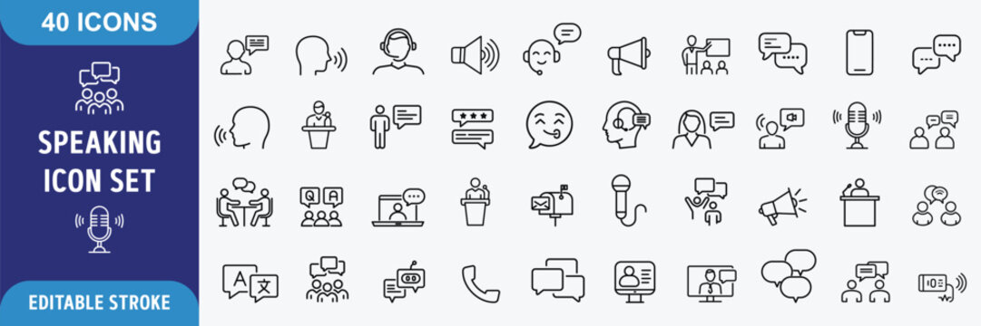 Speaking icon set. Communication icons collection. Containing discussion, speech bubble, talking, consultation, conversation. Outline Icon Collection. Editable stroke.