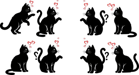 A collection of silhouette cat couple in love with shape heart tails