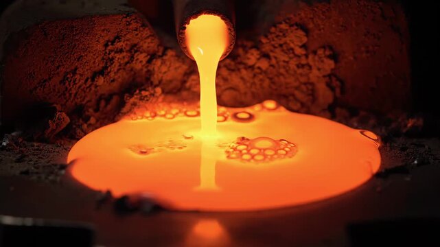 Molten metal pouring from a pipe creating a bubbling pool, manufacturing process. Foundry and industrial production concept. ASMR. Relaxing