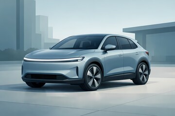 Obraz premium A sleek electric SUV showcased in a modern urban setting, highlighting clean design, advanced technology, and sustainable mobility for future transportation and smart city concepts.