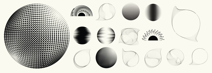Abstract circular halftones element set, geometric dotted ring and spiral circle shapes for modern design, technology, or motion graphic backgrounds. Dotted round elements, radial spirals, and vortex.