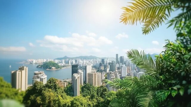 Tropical city skyline bay panorama with lush foreground foliage framing sunny coastal highrise