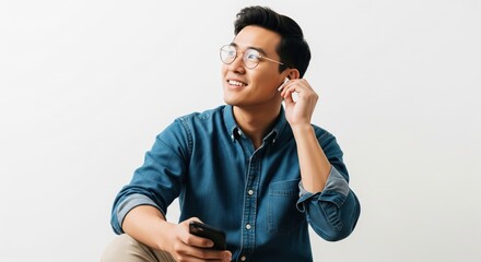 Happy young Asian man wearing glasses adjusts a wireless earbud while holding a smartphone.