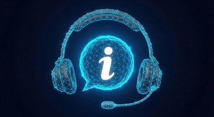 Digital customer support concept with glowing wireframe headset and information symbol