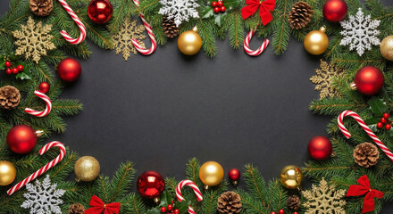 Festive decor features green branches and red festive items.