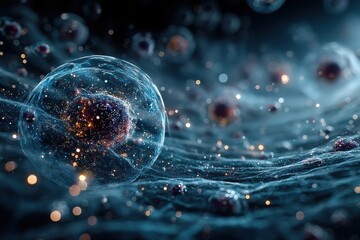 Blue abstract background with glowing bubbles and cellular imagery for science and medical visuals