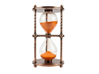 Isolated hourglass with bronze metal stand, time passing metaphor, countdown concept, time management