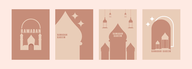 Set of Ramadan Kareem, Ramadan holiday template design with mosque, star, lantern, and crescent moon shape elements, suitable for greeting cards, posters, banners, covers