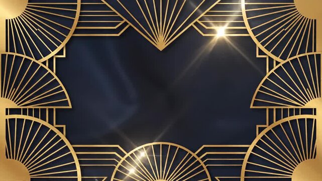 Art deco frame with gold lines on dark background. Elegant luxury template for invitation card banner and presentation.
