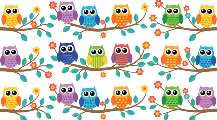Colorful Cartoon Owl Illustration Featuring Cute Owls Perched on Tree Branches with Flowers and Leaves Isolated on a White Background