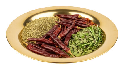 Isolated golden plate of dried spices, rosemary and herbs for cooking on kitchen table top