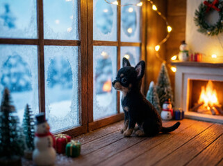 Needle felt Chihuahua watching snowy scenery by the fireplace, cozy Christmas interior