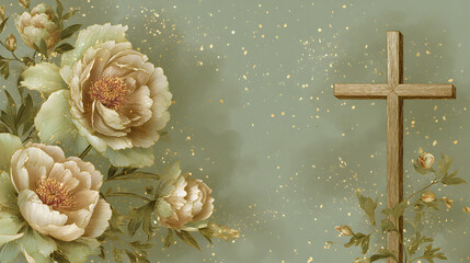 dise&ntilde;o de fondo con espacio de copia con brillos esparcidos con una cruz de madera con ramas alrededor y un ramo de flores en tonos neutros decorativas