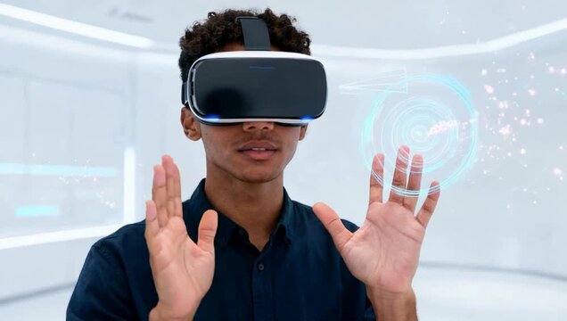 VR user wearing virtual reality headset. A male making hand gestures, interacting with virtual environment. White tech space, light effects, particles. Captures immersive VR technology experience.
