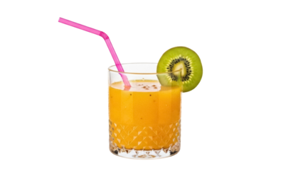 Isolated fruit smoothie with pink straw and kiwi garnish for healthy drink advertisement