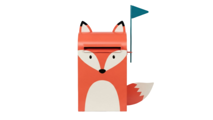 Isolated orange fox mailbox with a small blue flag, outdoors decoration and animal design