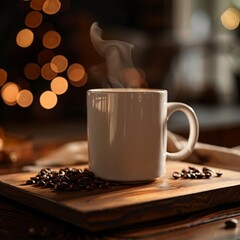realistic shot of a ceramic coffee mug with steam on wooden tray with coffee beans, cozy atmosphere