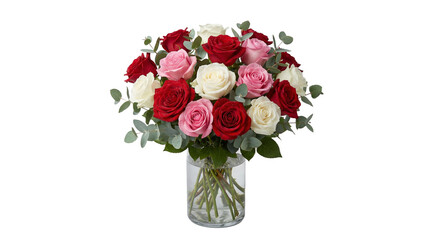 Fototapeta premium Bouquet of red pink and white roses in glass vase on trasparent background