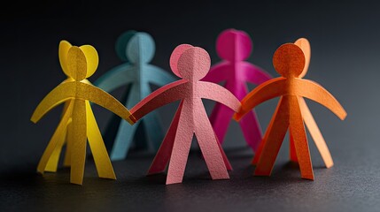 Colorful paper figures holding hands symbolizing unity and teamwork concept
