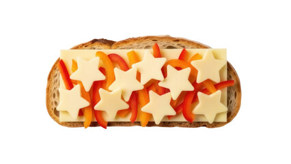 Isolated open-faced sandwich with cheese stars and red and orange sweet bell peppers filling