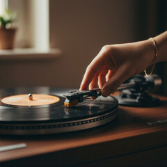 Obraz premium Vintage Music Vibes, Hand Placing Needle on a Vinyl Record Turntable