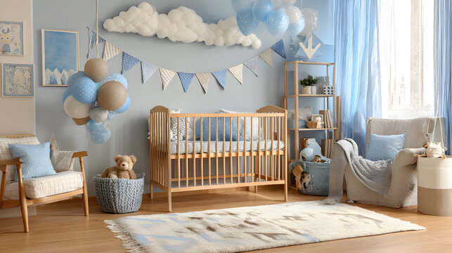dise&ntilde;o de interiores de una hermosa habitacion infantil para ni&ntilde;o para bebe decorada en colores azul pastel con accesorios infantiles minimalistas con una cuna y un oso de peluche dormitorio armonia