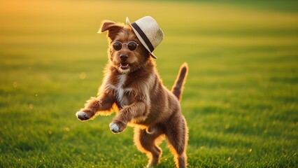 Playful Brown Dog Jumping on Grassy Field at Golden Hour for National Brown Dog Day