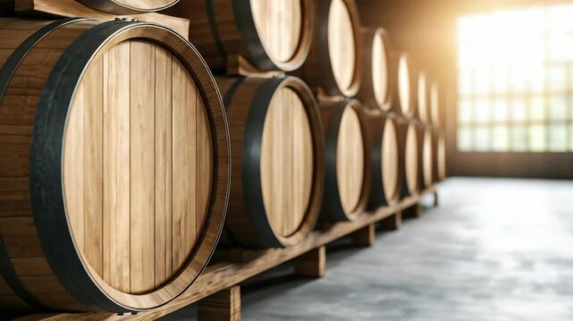 Oak wine barrel cellar with warm sunlight and rustic wooden barrel storage creating cozy oak cask