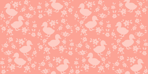 Seamless duckling and flower pattern on pastel red background