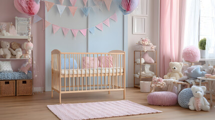 un dise&ntilde;o minimalista de una cuarto o habitacion infantil para bebe ni&ntilde;a con adornos y accesorios infantiles en colores pastel con una cuna para recien nacida dise&ntilde;o de ensue&ntilde;o y armonia
