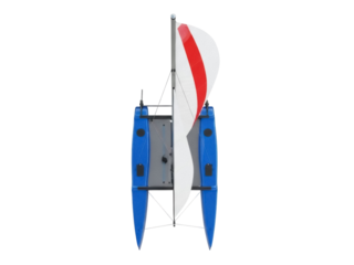 Isolated remote control model sailboat, twin-hulled catamaran design, sail with stripe