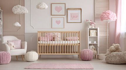 dise&ntilde;o de interiores de una habitacion moderna sencilla e infantil minimalista en colores beige con rosa con nubes colgando bajo el techo con una cuna para bebe armonia y paz interior