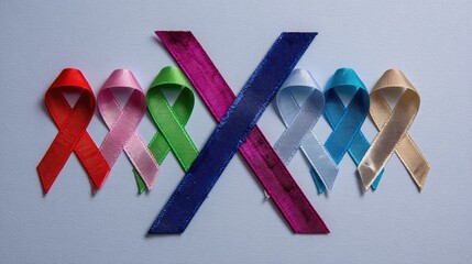 Colorful ribbon symbols representing support and awareness on white surface