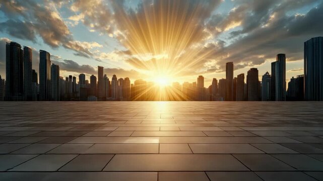 Sunrise city skyline urban cityscape sunrise rays golden sunlight inspiring morning view over empty