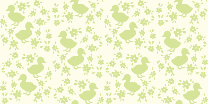 Pastel green duckling and flower seamless pattern on cream